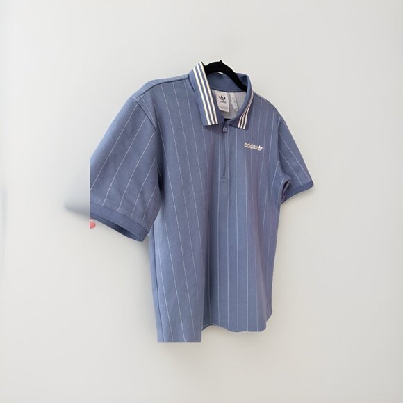 adidas Originals Blue Collared Shirt With Quarter zip And Stripes - Picture 2 of 8